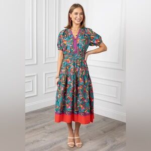Pinch Boho Tropical Print Midi Dress Colorful Smocked Waist V Neck Cotton Small